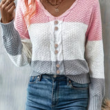 vlovelaw Color Block V Neck Pullover Sweater, Casual Long Sleeve Button Sweater, Women's Clothing