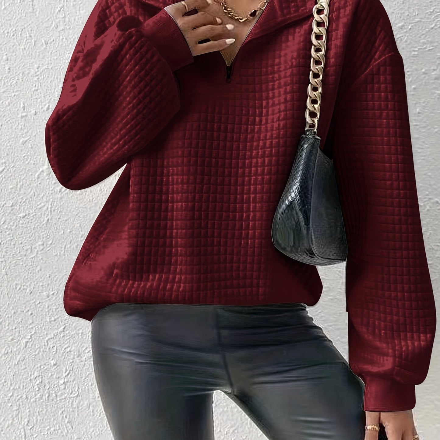 xieyinshe  Waffle Grid Quarter Zip Pullover Sweatshirt, Casual Long Sleeve Lapel Sweatshirt For Fall & Winter, Women's Clothing