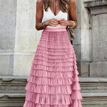 vlovelaw  Mesh Layered Hem Skirt, Boho High Waist Skirt, Women's Clothing