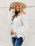 vlovelaw  Distressed Solid V Neck Pullover Sweater, Casual Raw Trim Long Sleeve Loose Sweater, Women's Clothing