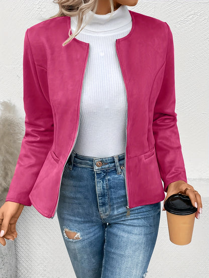 vlovelaw Solid Zip Up Jacket, Casual Long Sleeve Crew Neck Outerwear For Spring & Fall, Women's Clothing