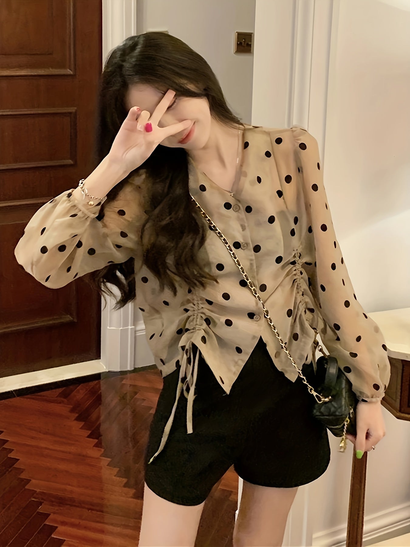 vlovelaw Polka-dot Print Button Front Blouse, Drawstring Long Sleeve Semi-sheer Top, Women's Clothing