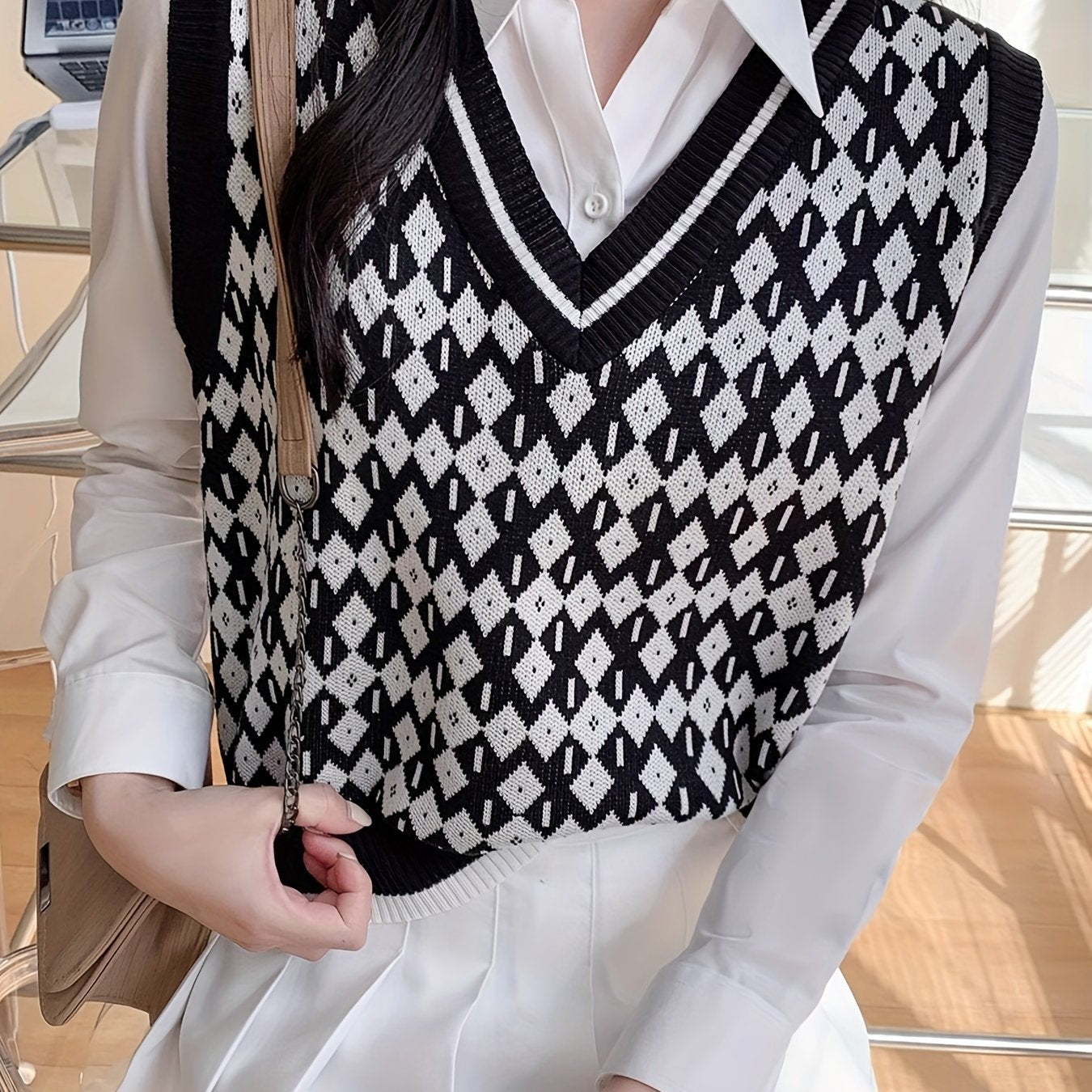 vlovelaw  Allover Pattern V Neck Knitted Vest, Vintage Sleeveless Sweater For Spring & Fall, Women's Clothing