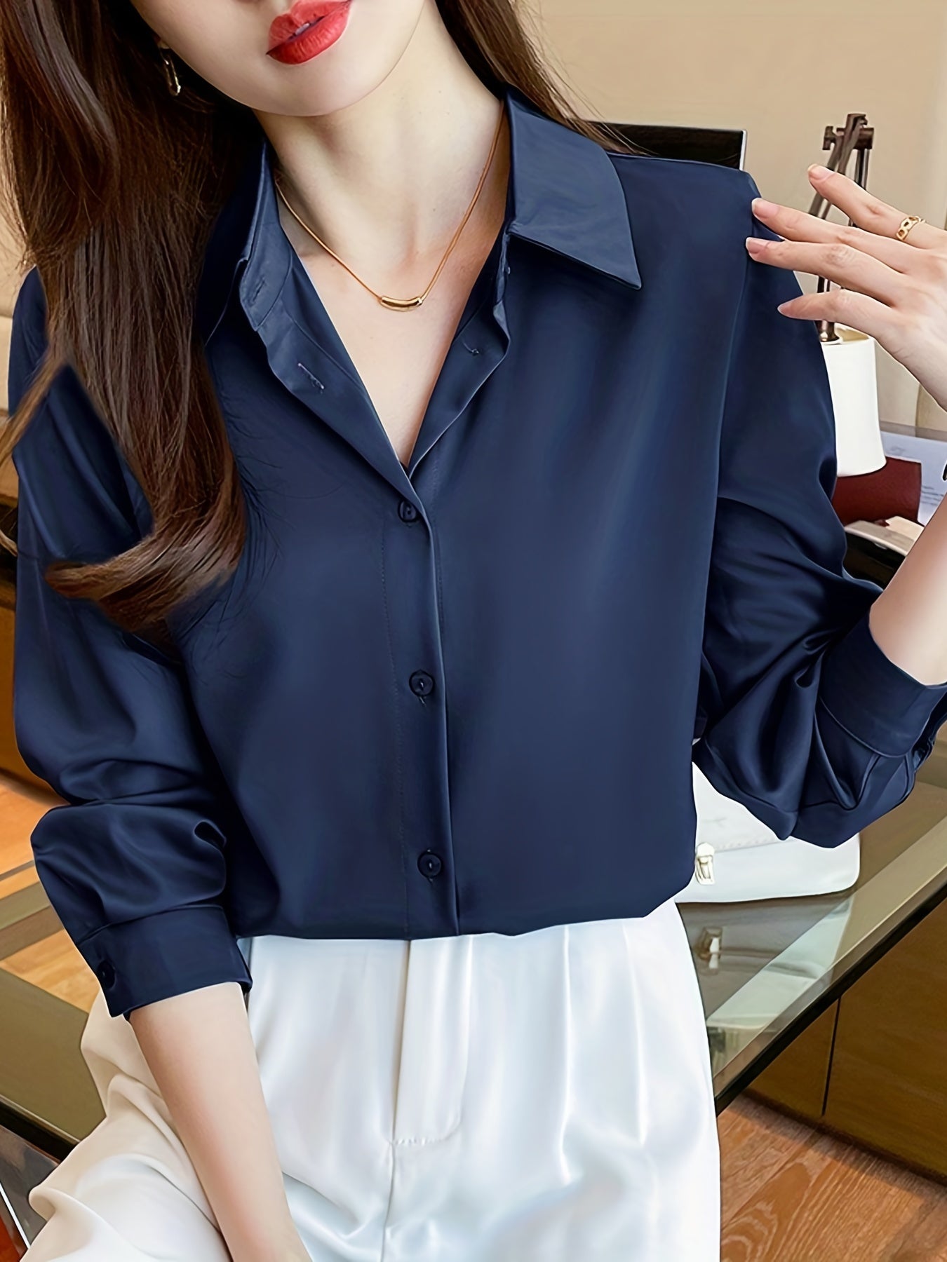 vlovelaw  Solid Button Front Shirt, Elegant Turn Down Collar Long Sleeve Shirt, Women's Clothing