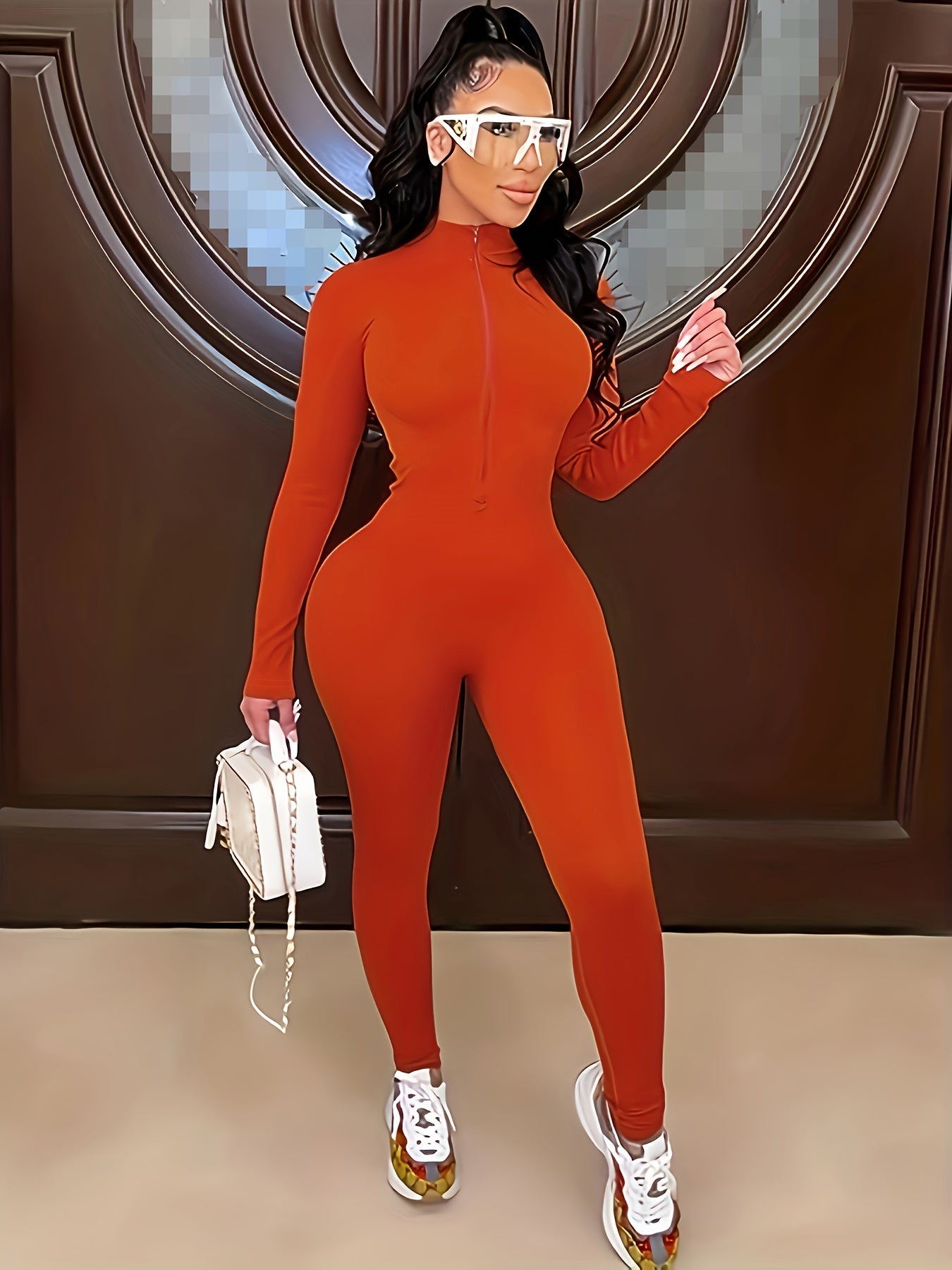 vlovelaw Solid Skinny Zipper Jumpsuit, Athleisure Long Sleeve Jumpsuit For Spring & Fall,  Women's Clothing