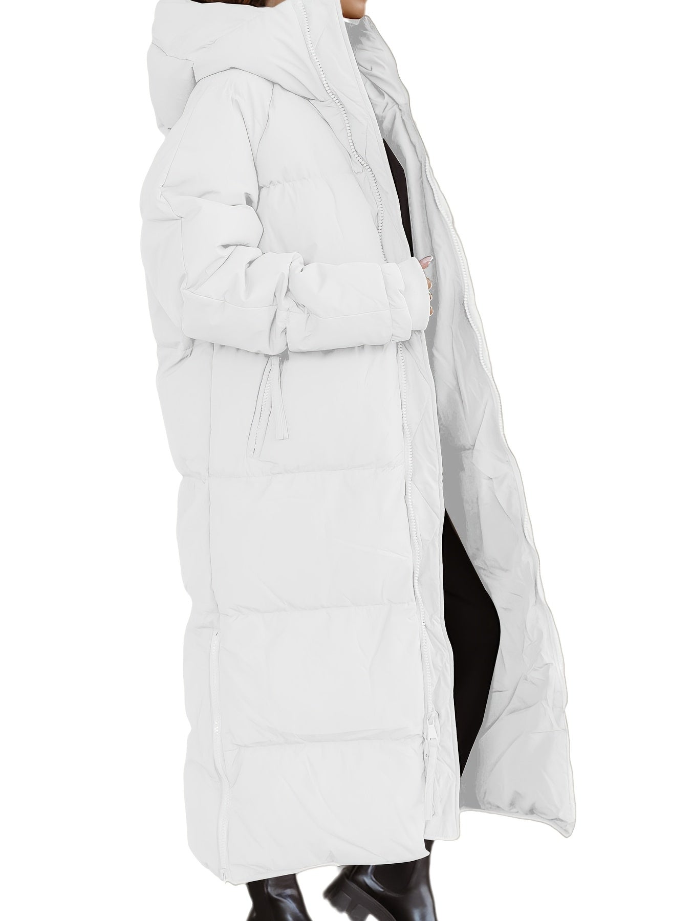 Solid Long Length Down Perka, Casual Hooded Zip Up Warm Outerwear, Women's Clothing