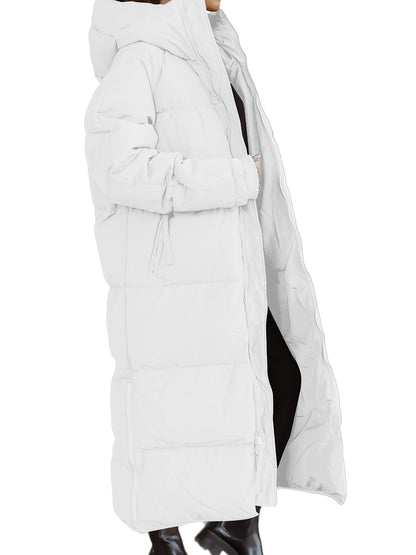 Solid Long Length Down Perka, Casual Hooded Zip Up Warm Outerwear, Women's Clothing