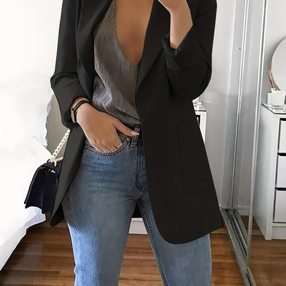 Solid Lapel Blazer, Casual Long Sleeve Open Front Work Office Outerwear, Women's Clothing