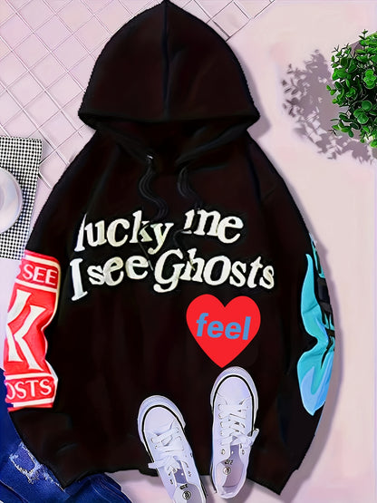 vlovelaw  Lucky Me I See Ghosts Letter Graphic Casual Sports Sweatshirt For Halloween, Fashion Hip Hop  Pullover Hoodie, Women's Tops