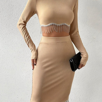 vlovelaw  Tassel Bodycon Two-piece Set, Crew Neck Long Sleeve Cropped Tops & Bag Hip Midi Skirts Outfits, Women's Clothing
