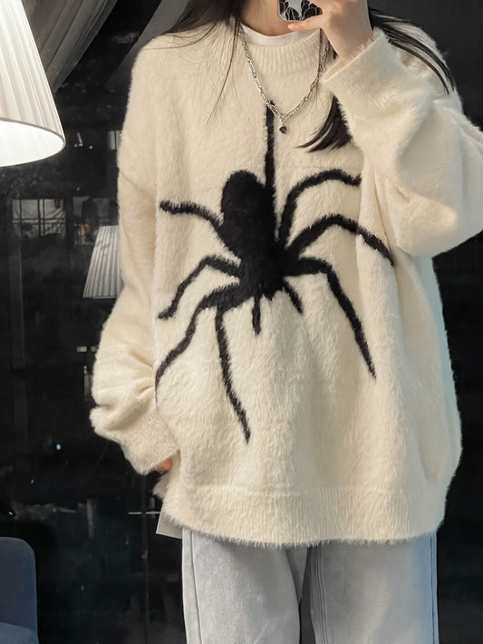 vlovelaw  Animal Print Crew Neck Pullover Sweater, Vintage Long Sleeve Knitted Sweater For Winter, Women's Clothing