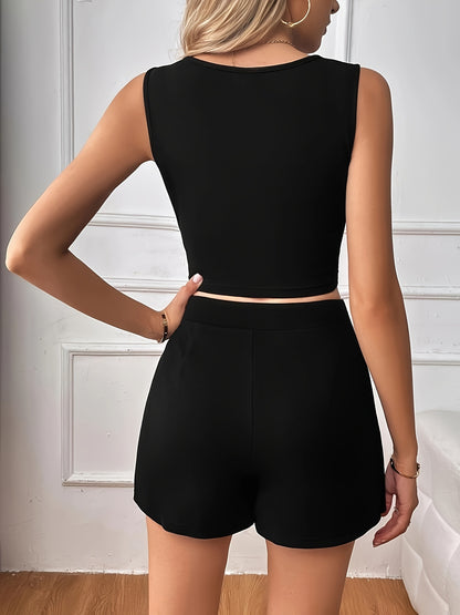 vlovelaw  Solid Color Summer Skort Set, Casual Sleeveless Cut Out Crop Top & High Waist Skort Outfits, Women's Clothing
