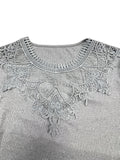 Plus Size Casual Top, Women's Plus Solid Contrast Lace Bell Sleeve Round Neck Medium Stretch Top