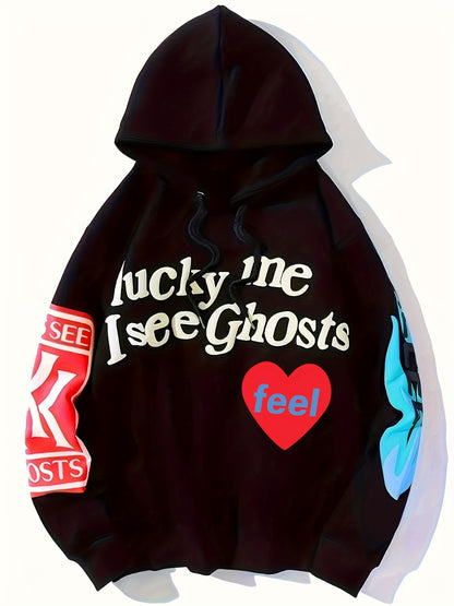 vlovelaw  Lucky Me I See Ghosts Letter Graphic Casual Sports Sweatshirt For Halloween, Fashion Hip Hop  Pullover Hoodie, Women's Tops