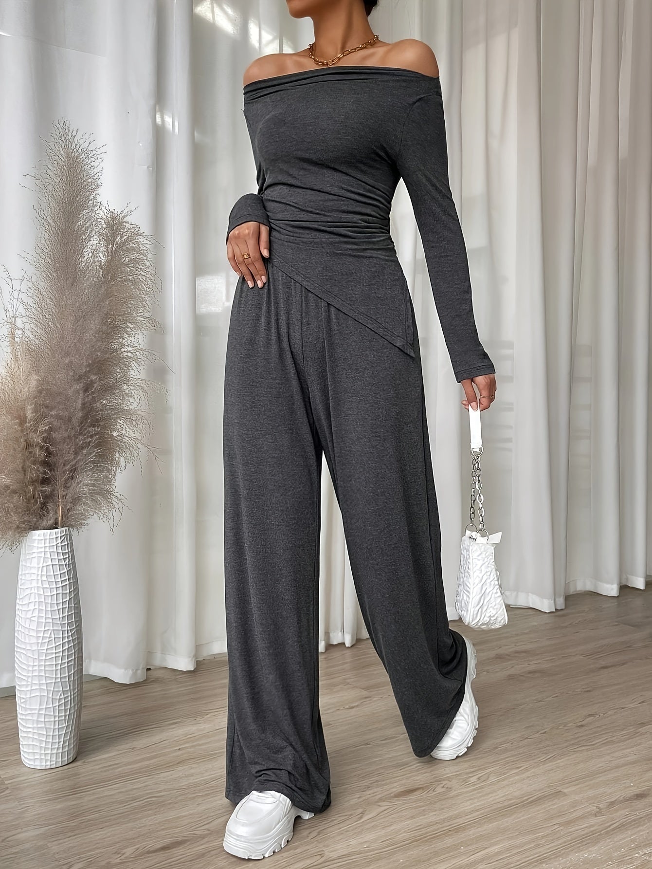 vlovelaw  Solid Color Spring Casual Two-piece Set, Off Shoulder Asymmetrical Hem Long Sleeve Top & Wide Leg Pants With Pockets Outfits, Women's Clothing