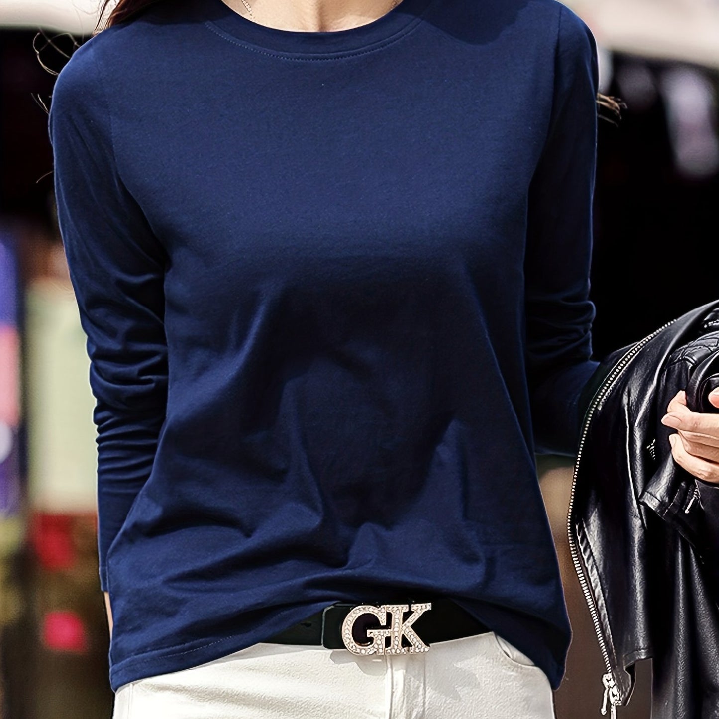 vlovelaw  Solid Color Crew Neck T-Shirt, Casual Long Sleeve T-Shirt For Spring & Fall, Women's Clothing