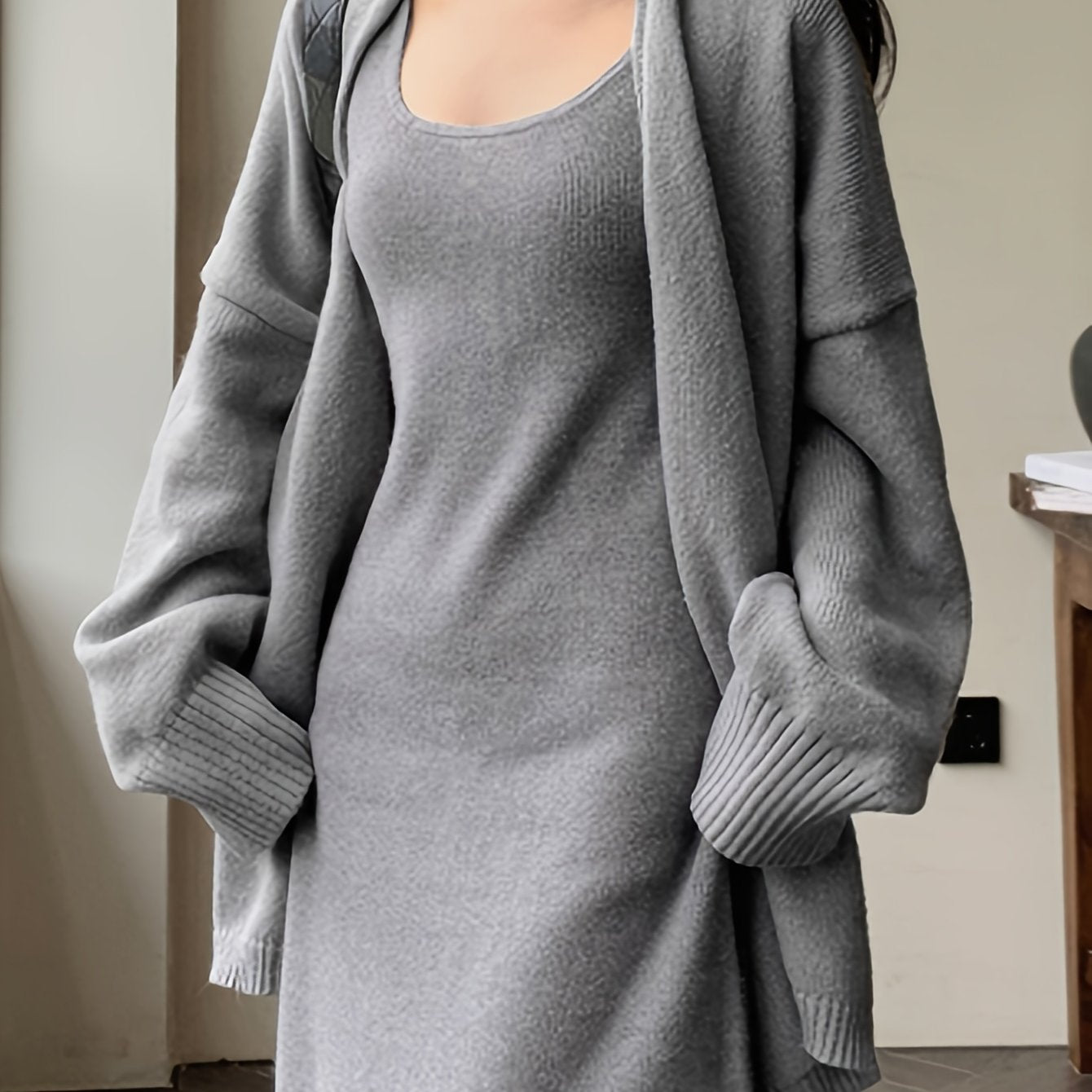 vlovelaw  Solid Drop Shoulder Loose Cardigan, Casual Long Sleeve Cardigan For Fall & Winter, Women's Clothing