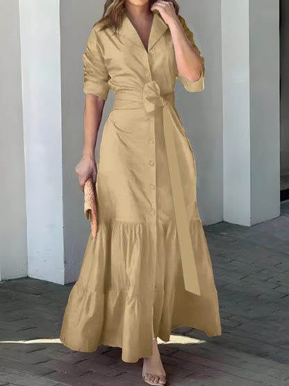 vlovelaw Solid Button Front Belted Dress, Elegant Ruched Sleeve Ruffle Trim Maxi Dress, Women's Clothing