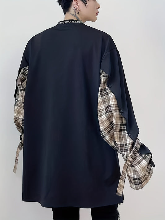 vlovelaw Men's Stylish Collage Style Sweatshirt, Casual Slightly Stretch Button Decor Long Sleeve Loose Top For Outdoor