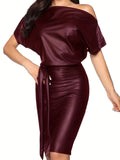 vlovelaw  Leather Slanted Shoulder Dress, Sexy Short Sleeve Bodycon Dress, Women's Clothing