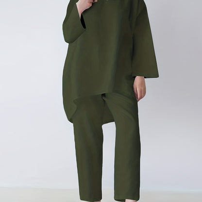 vlovelaw  Solid Casual Two-piece Set, Long Sleeve Crew Neck Loose Tops & Wide Leg Pants Outfits, Women's Clothing