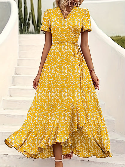 vlovelaw  Ditsy Print Belted Split Ruffle Dress, Elegant Short Sleeve Surplice Neck Dress, Women's Clothing