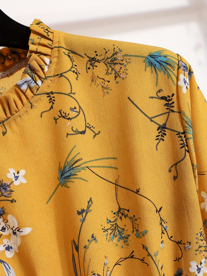 Floral Print Ruffle Trim Dress, Elegant Stand Collar Long Sleeve Maxi Dress, Women's Clothing