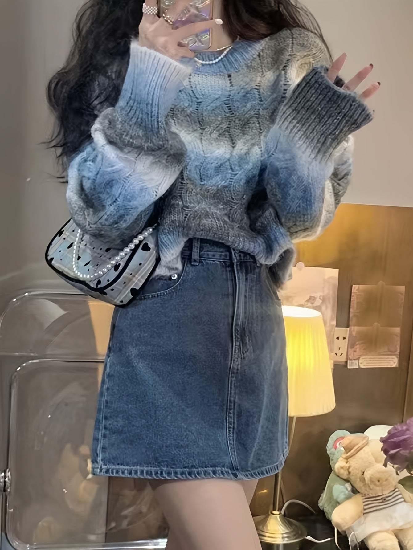 vlovelaw Ombre Crew Neck Cable Knit Sweater, Casual Long Sleeve Pullover Sweater, Women's Clothing