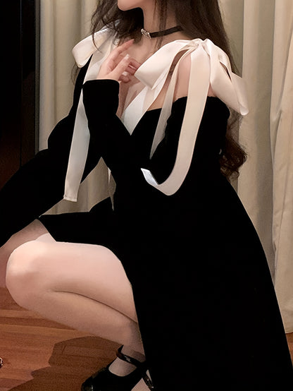 vlovelaw  Color Block Tie Shoulder Velvet Dress, Elegant Long Sleeve Party Dress, Women's Clothing