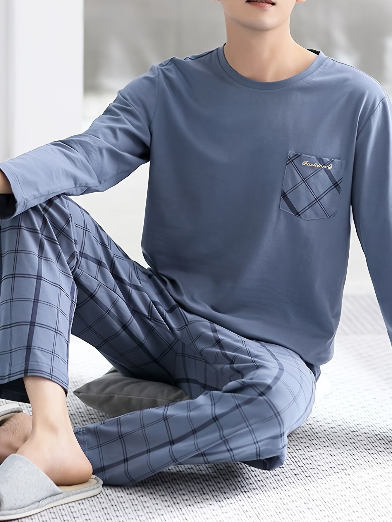 High-end 2 Pcs Men's Classic Letter Plaid Print Pocket Long Sleeve & Plaid Long Pants Pajama Set, Comfortable & Skin-friendly Pajamas For Men's Cozy Loungewear