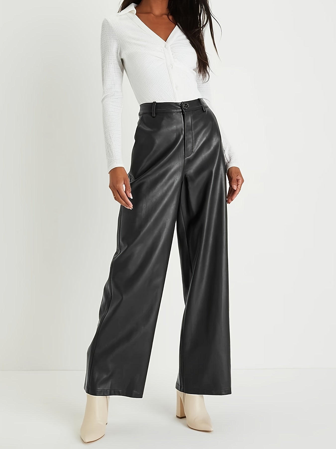 Solid Color Flare Leg Pants, Elegant High Waist Button Decor Leather Pants For Every Day, Women's Clothing