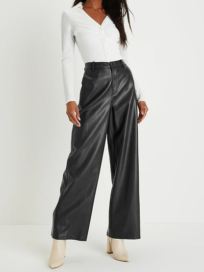 Solid Color Flare Leg Pants, Elegant High Waist Button Decor Leather Pants For Every Day, Women's Clothing