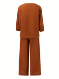 vlovelaw  Solid Casual Two-piece Set, V Neck Lantern Sleeve Tops & Wide Leg Pants Outfits, Women's Clothing