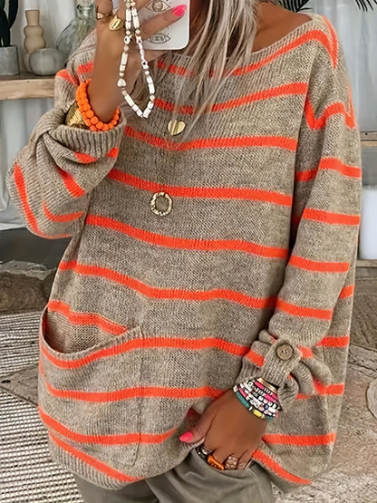 vlovelaw Stripe Pattern Pocket Knitted Sweater, Casual Long Sleeve Sweater For Fall & Winter, Women's Clothing