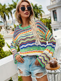 vlovelaw Hollow Striped Knit Sweater, Casual Crew Neck Long Sleeve Sweater, Women's Clothing