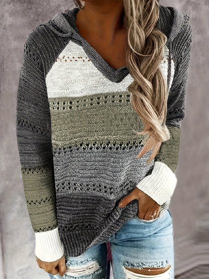Color Block Hooded Knit Sweater, Vacation Drawstring Long Sleeve Sweater, Women's Clothing