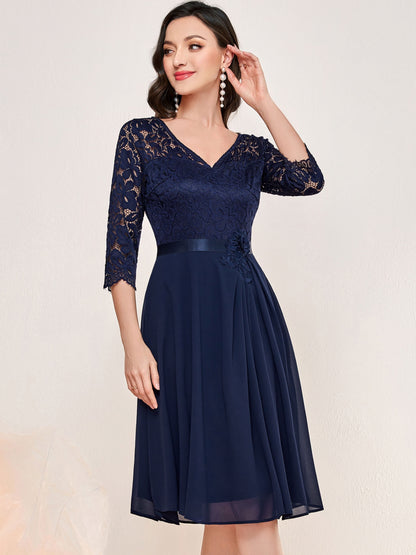 Contrast Lace Half Sleeve Dress, Elegant V Neck Cinched Waist Dress For Party & Banquet, Women's Clothing