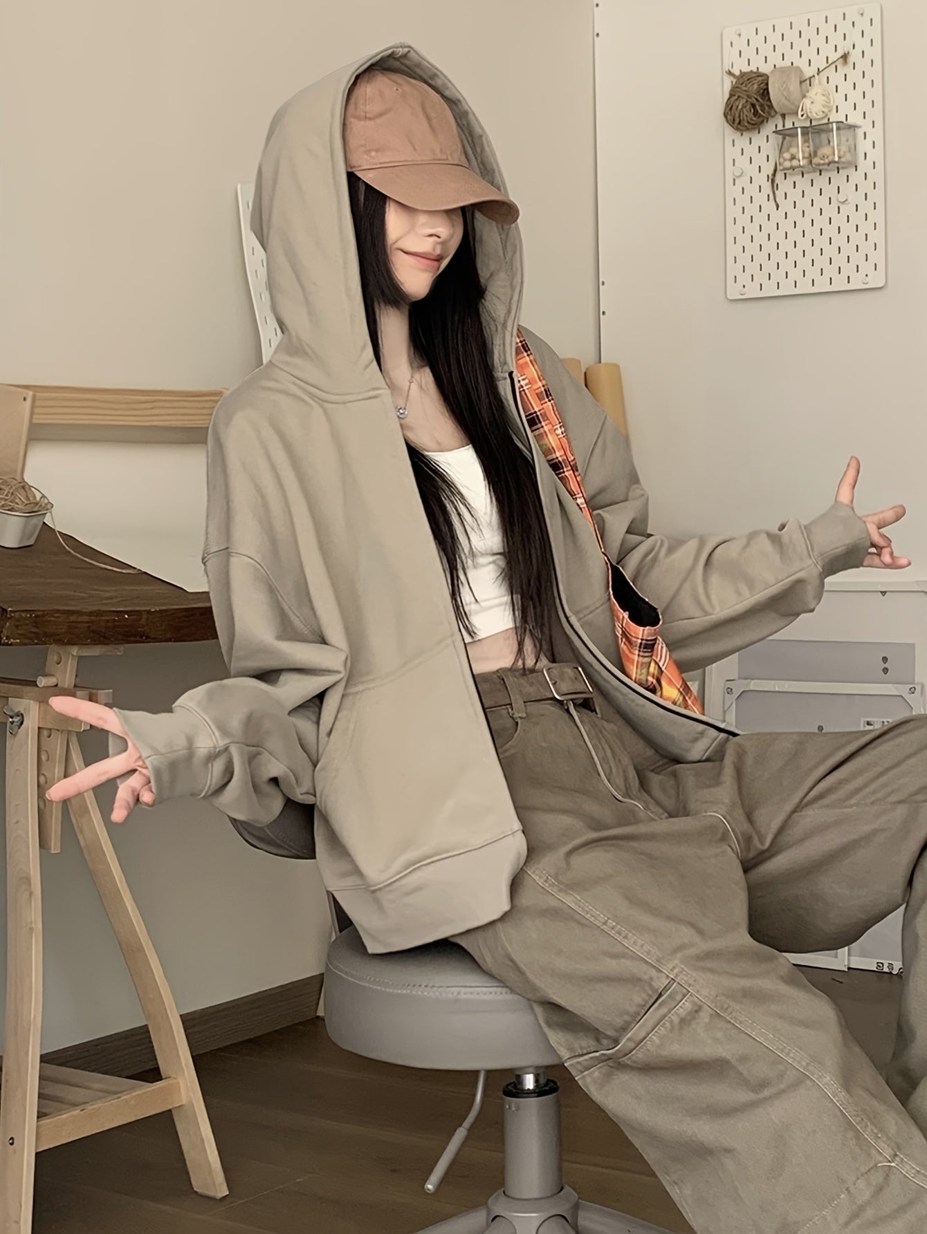 vlovelaw  Solid Full Zip Front Drop Shoulder Hoodie, Kangaroo Pocket Casual Hooded Sweatshirt, Women's Clothing