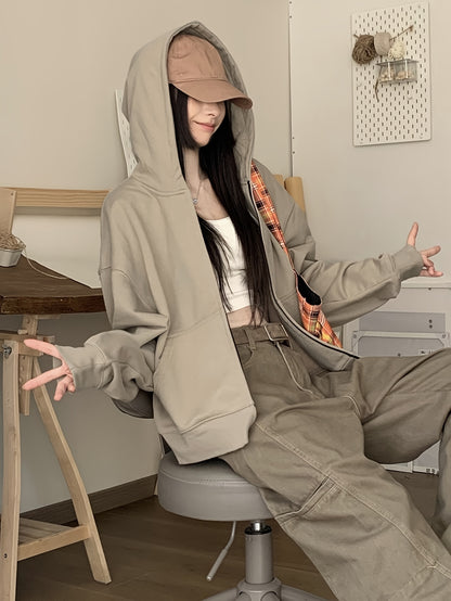 vlovelaw  Solid Full Zip Front Drop Shoulder Hoodie, Kangaroo Pocket Casual Hooded Sweatshirt, Women's Clothing