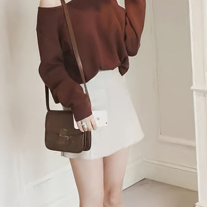 vlovelaw  Solid Mock Neck Pullover Sweater, Casual Cold Shoulder Long Sleeve Loose Sweater, Women's Clothing