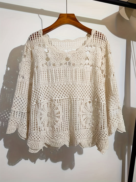 vlovelaw  Crochet Floral Pattern Knitted Top, Casual Beach Wear Solid Sleeveless Summer Top, Women's Clothing