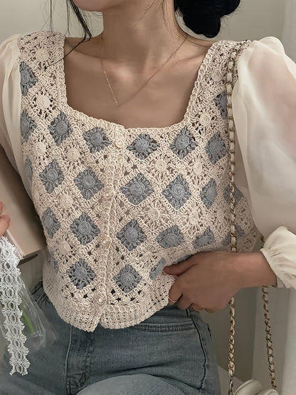 vlovelaw  Color Block Crochet Cardigan, Versatile Square Neck Long Sleeve Splicing Knitted Top, Women's Clothing