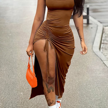 vlovelaw  Drawstring Bodycon Cami Dress, Sexy Split Spaghetti Strap Dress, Women's Clothing