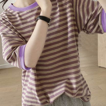 vlovelaw  Crew Neck Striped T-Shirt, Random Print Casual Top For Summer & Spring, Women's Clothing