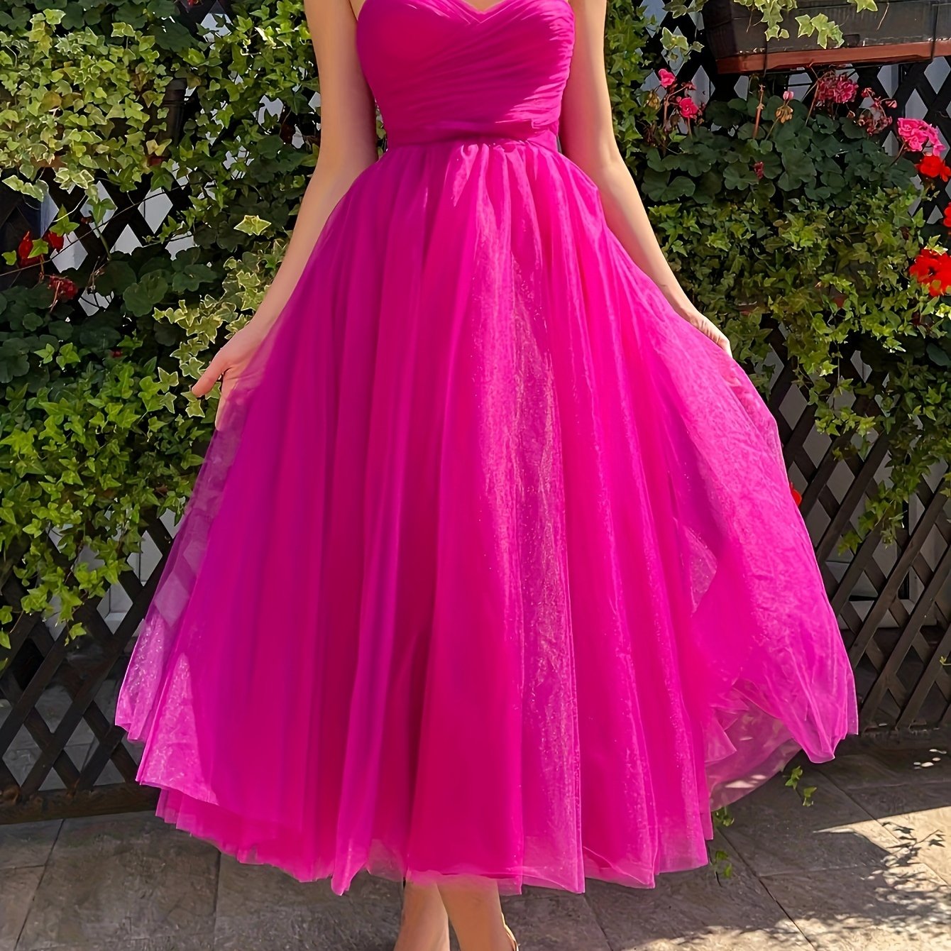 vlovelaw  Plus Size Solid Mesh Cami Bridesmaid Dress, Elegant Ruched Sleeveless Dress For Wedding Party, Women's Plus Size Clothing