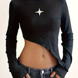 vlovelaw  Star Print Asymmetrical Hem T-Shirt, Casual Mock Neck Long Sleeve Top For Spring & Fall, Women's Clothing