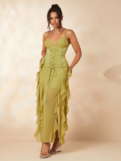 vlovelaw  Ruffle Trim Split Dress, Party Wear Spaghetti Strap Solid Dress, Women's Clothing