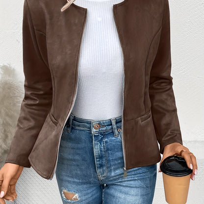 vlovelaw Solid Zip Up Jacket, Casual Long Sleeve Crew Neck Outerwear For Spring & Fall, Women's Clothing
