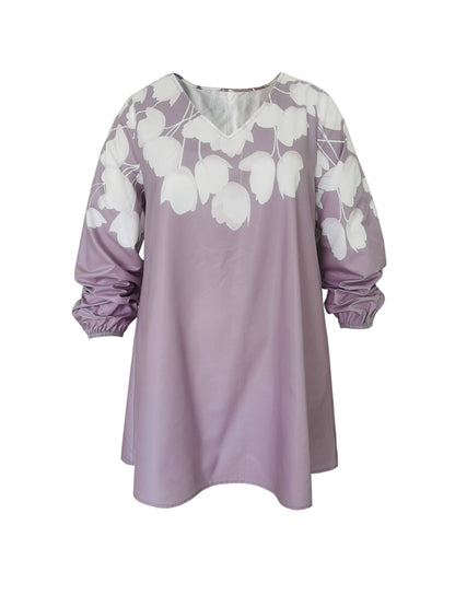 Plus Size Casual Top, Women's Plus Colorblock Floral Print Long Sleeve V Neck Tunic Top