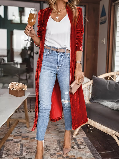 Velvet V-neck Loose Mid Length Cardigans, Casual Pocket Solid Color  Long Sleeve Spring Fall Cardigan, Women's Clothing